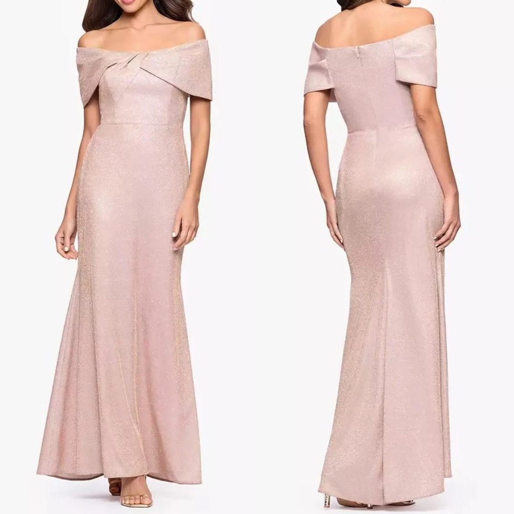 NEW BETSY & ADAM Glittery METALLIC Blush OFF THE SHOULDER Evening Dress GOWN